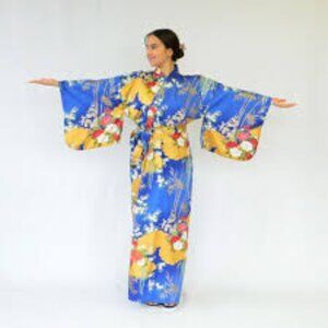 NWT Japanese Traditional Kimono Blue Floral 100% Cotton Women Size M
